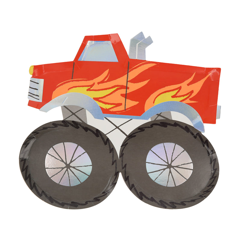 Red monster truck shaped plate with flame design birthday theme from Parte Haus party supply store in Bethesda MD