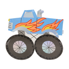 Blue monster truck shaped plate with flame design for birthday from Parte Haus party supply store in Bethesda MD