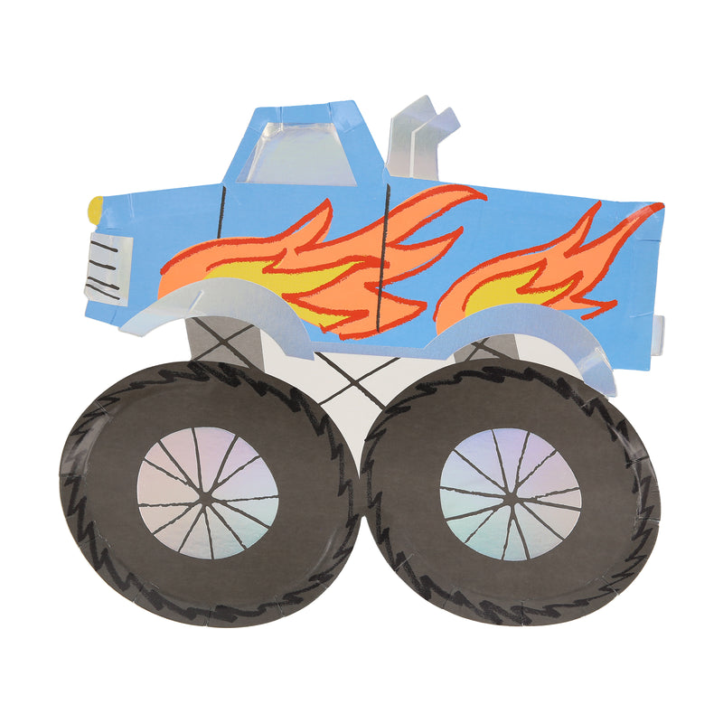 Blue monster truck shaped plate with flame design for birthday from Parte Haus party supply store in Bethesda MD