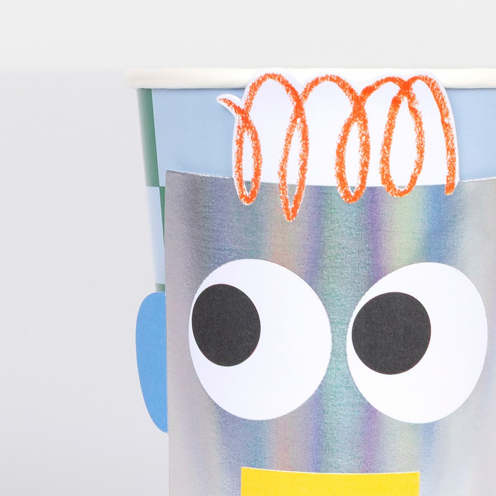 Silver robot themed paper cup with fun face for kids birthday from Parte Haus party supply store in Bethesda MD