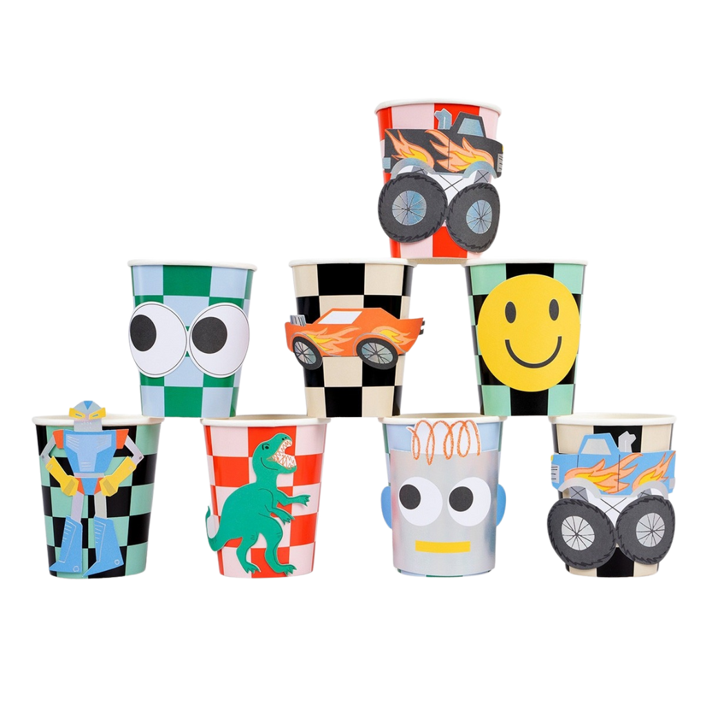 Multicolor kids cup set with checkered patterns featuring cars dinosaurs robots from Parte Haus party supply store in Bethesda Maryland