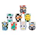 Multicolor kids cup set with checkered patterns featuring cars dinosaurs robots from Parte Haus party supply store in Bethesda Maryland