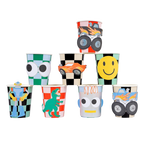 Multicolor kids cup set with checkered patterns featuring cars dinosaurs robots from Parte Haus party supply store in Bethesda Maryland