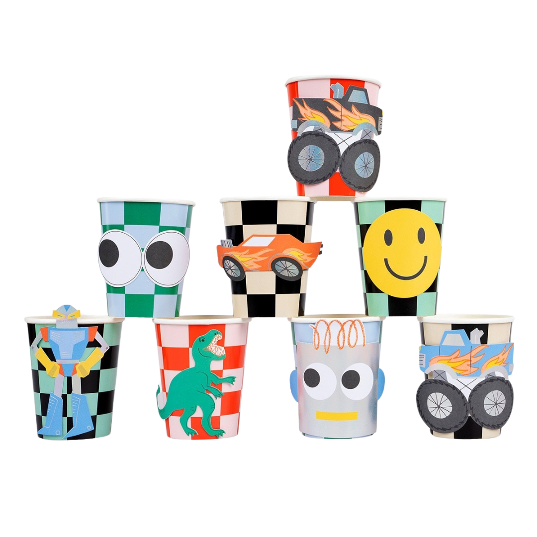 Multicolor kids cup set with checkered patterns featuring cars dinosaurs robots from Parte Haus party supply store in Bethesda Maryland