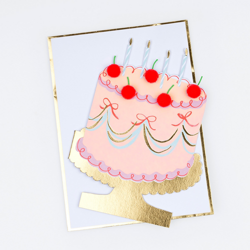 Pink birthday cake greeting card with red pom pom cherries celebration theme from Parte Haus party supply store in Bethesda MD
