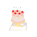 Pink birthday cake pop up card with cherries and candles for celebration from Parte Haus party supply store in Bethesda MD
