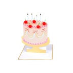 Pink birthday cake pop up card with cherries and candles for celebration from Parte Haus party supply store in Bethesda MD