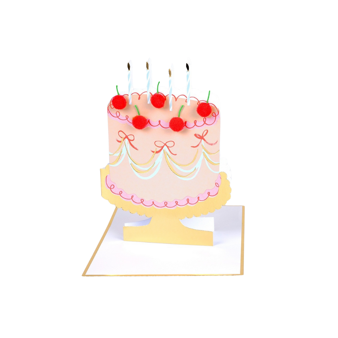 Pink birthday cake pop up card with cherries and candles for celebration from Parte Haus party supply store in Bethesda MD