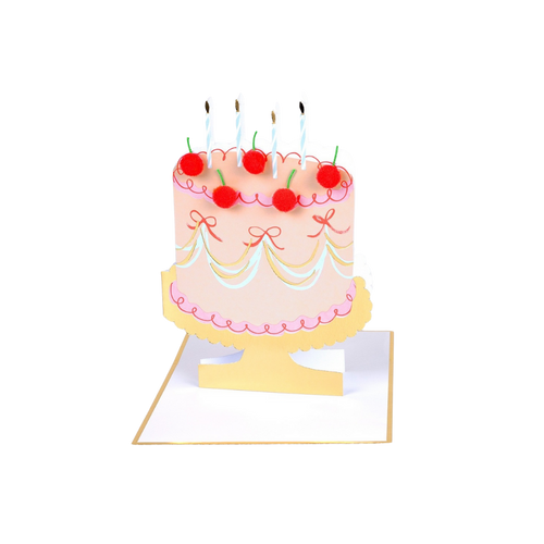Pink birthday cake pop up card with cherries and candles for celebration from Parte Haus party supply store in Bethesda MD