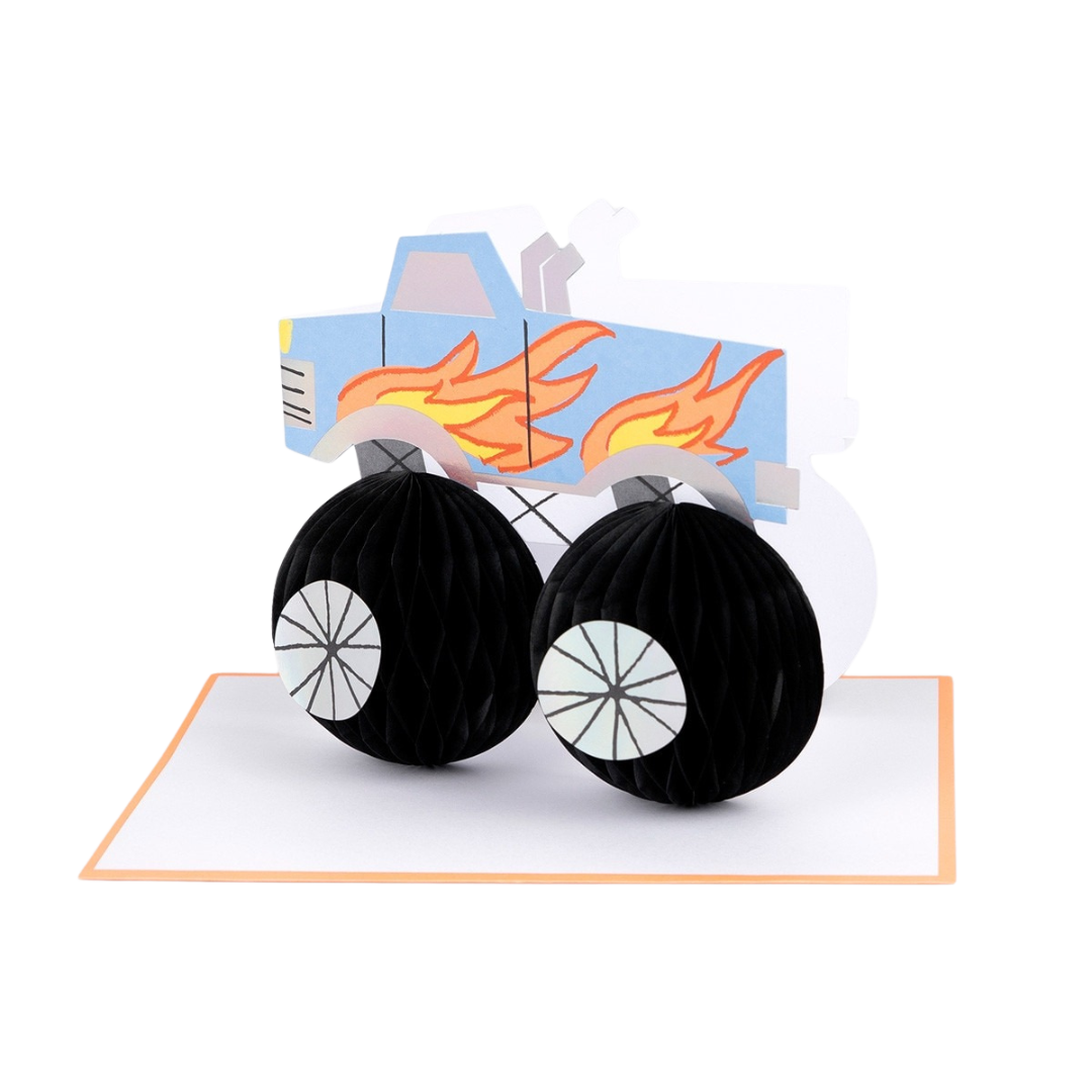 Blue monster truck pop up card with fire design for kids birthday from Parte Haus party supply store in Bethesda MD