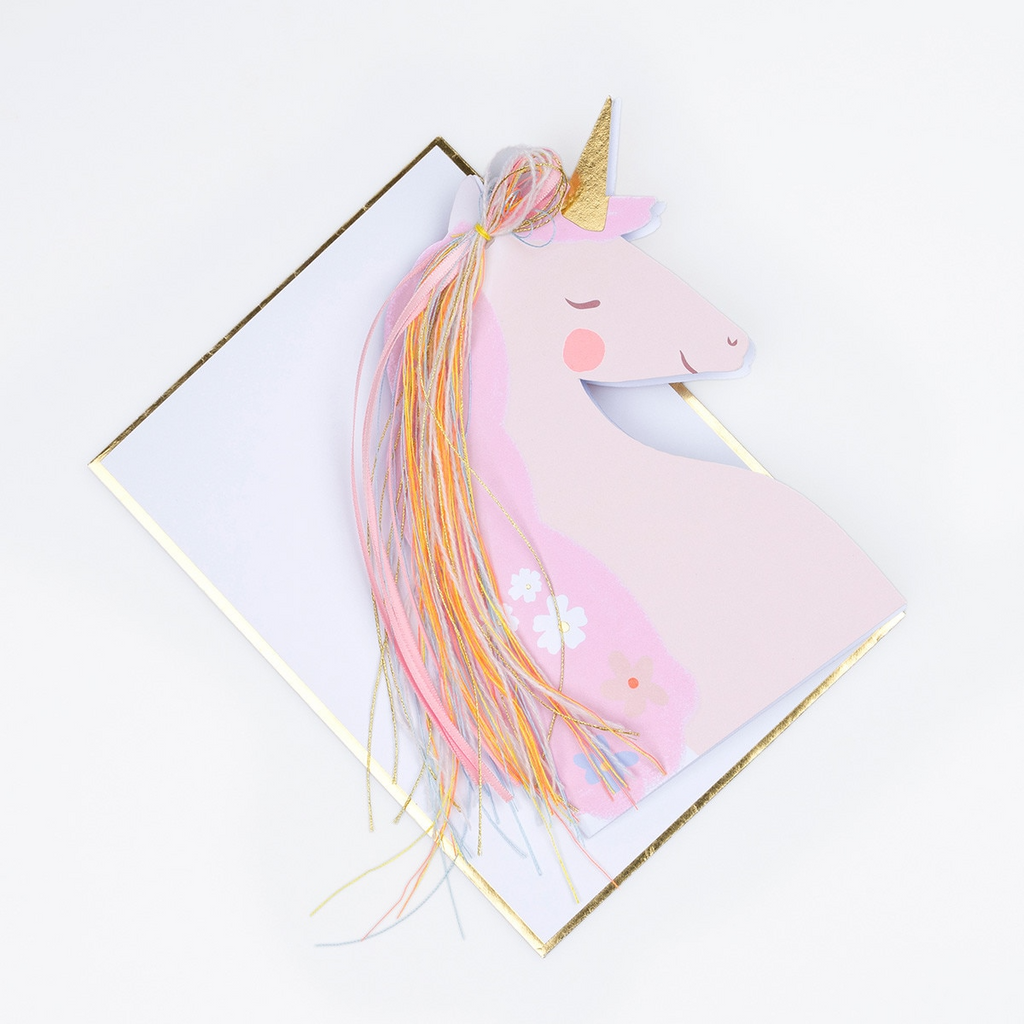 Pink unicorn shaped card with gold horn and rainbow mane for birthday from Parte Haus party supply store in Bethesda MD