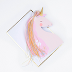 Pink unicorn shaped card with gold horn and rainbow mane for birthday from Parte Haus party supply store in Bethesda MD