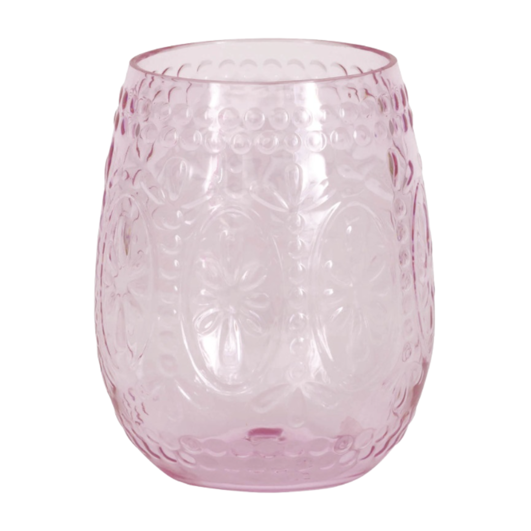 Pink glass tumbler with floral embossed pattern elegant tableware from Parte Haus party supply store in Bethesda MD