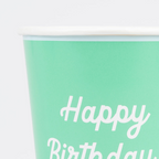 Mint green paper cup with Happy Birthday text for birthday party from Parte Haus party supply store in Bethesda Maryland