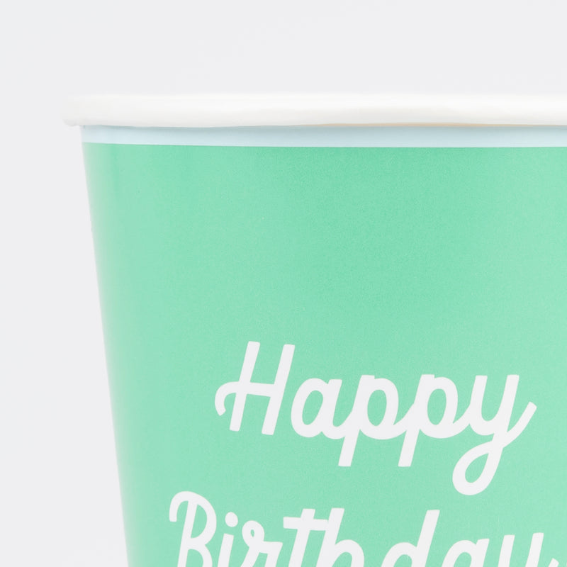 Mint green paper cup with Happy Birthday text for birthday party from Parte Haus party supply store in Bethesda Maryland