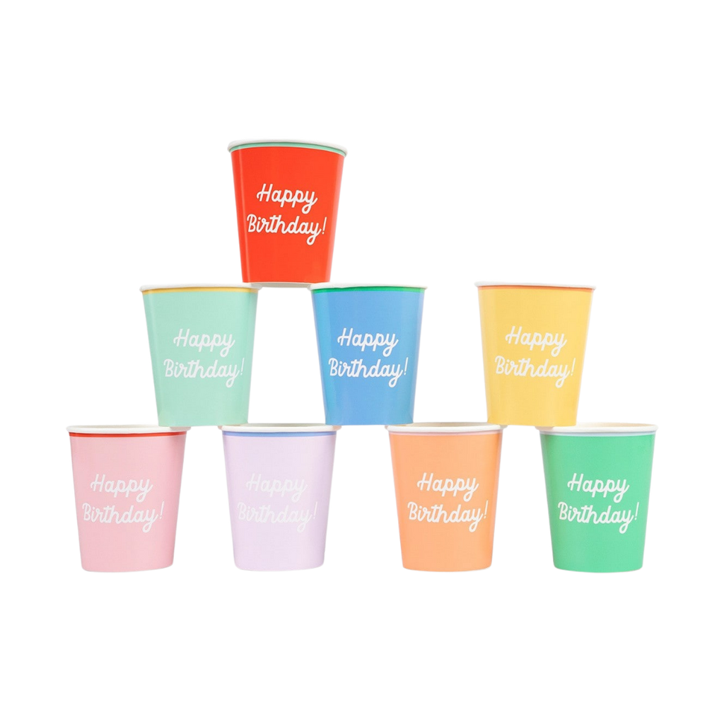 Rainbow color birthday paper cups with Happy Birthday text Birthday theme from Parte Haus party supply store in Bethesda MD