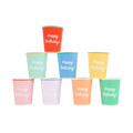Rainbow color birthday paper cups with Happy Birthday text Birthday theme from Parte Haus party supply store in Bethesda MD