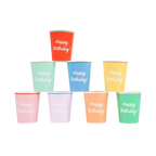 Rainbow color birthday paper cups with Happy Birthday text Birthday theme from Parte Haus party supply store in Bethesda MD