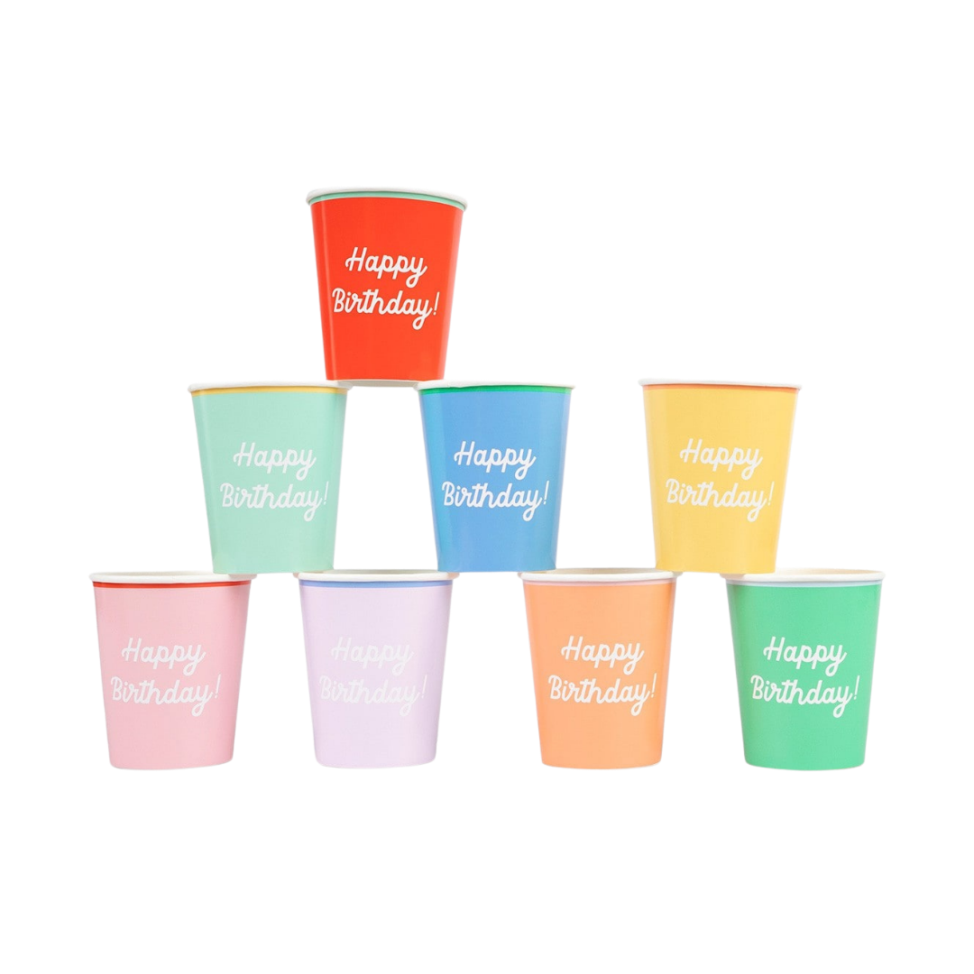 Rainbow color birthday paper cups with Happy Birthday text Birthday theme from Parte Haus party supply store in Bethesda MD