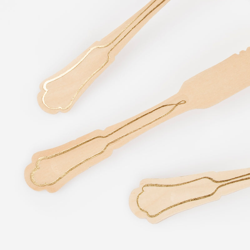 Elegant Gold Foil Detail Wooden Cutlery Set - 24pcs