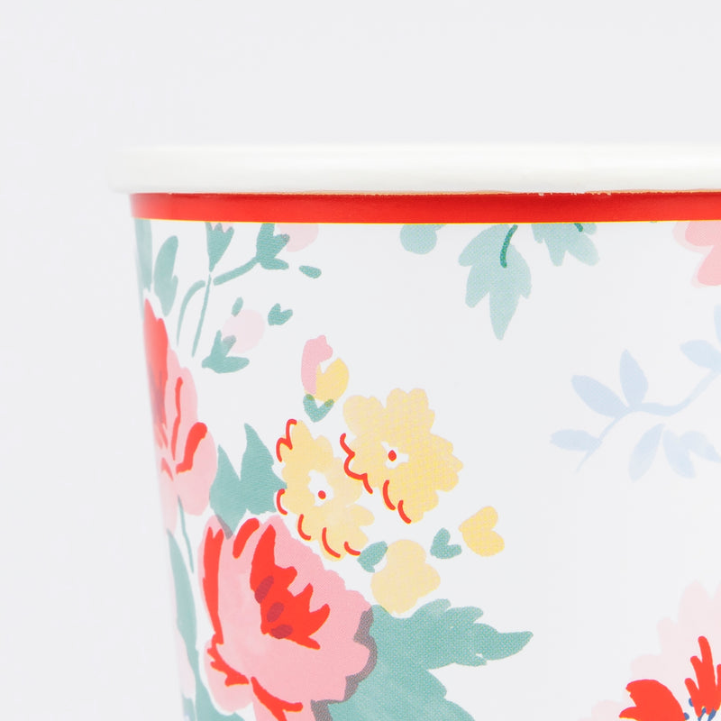 Multicolor floral paper cup with red yellow and green flowers for spring from Parte Haus party supply store in Bethesda MD