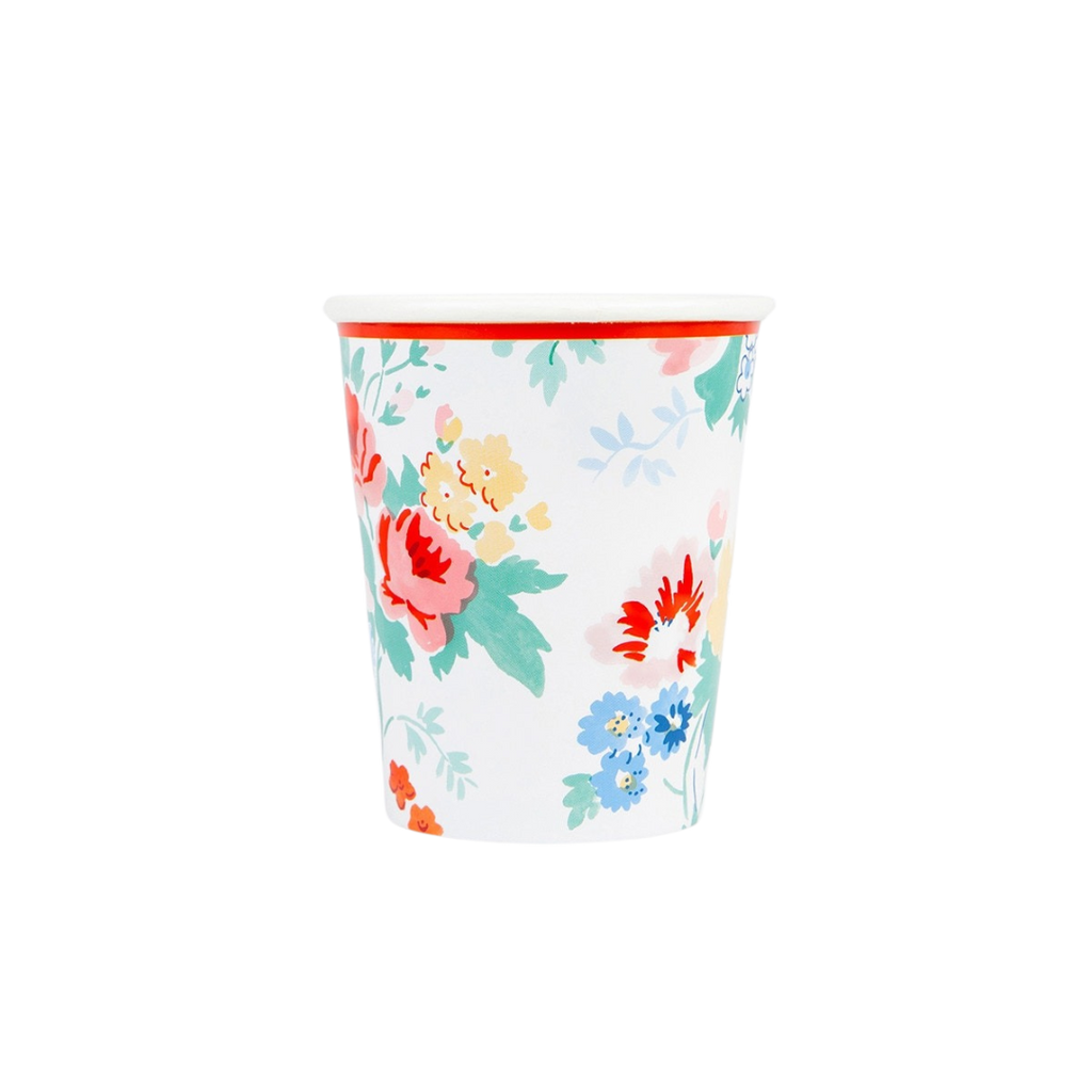 Multicolor floral paper cup with red rim spring party theme from Parte Haus party supply store in Bethesda MD
