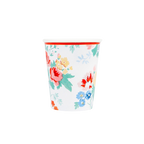 Multicolor floral paper cup with red rim spring party theme from Parte Haus party supply store in Bethesda MD