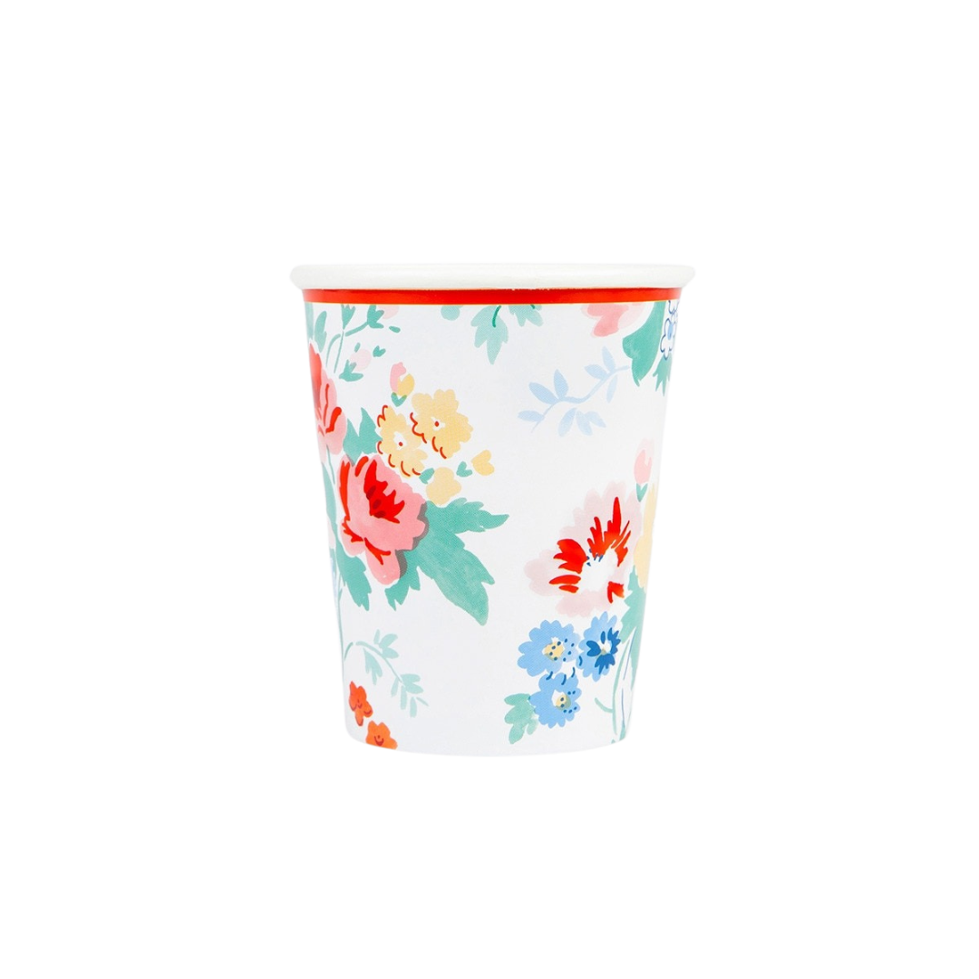 Multicolor floral paper cup with red rim spring party theme from Parte Haus party supply store in Bethesda MD