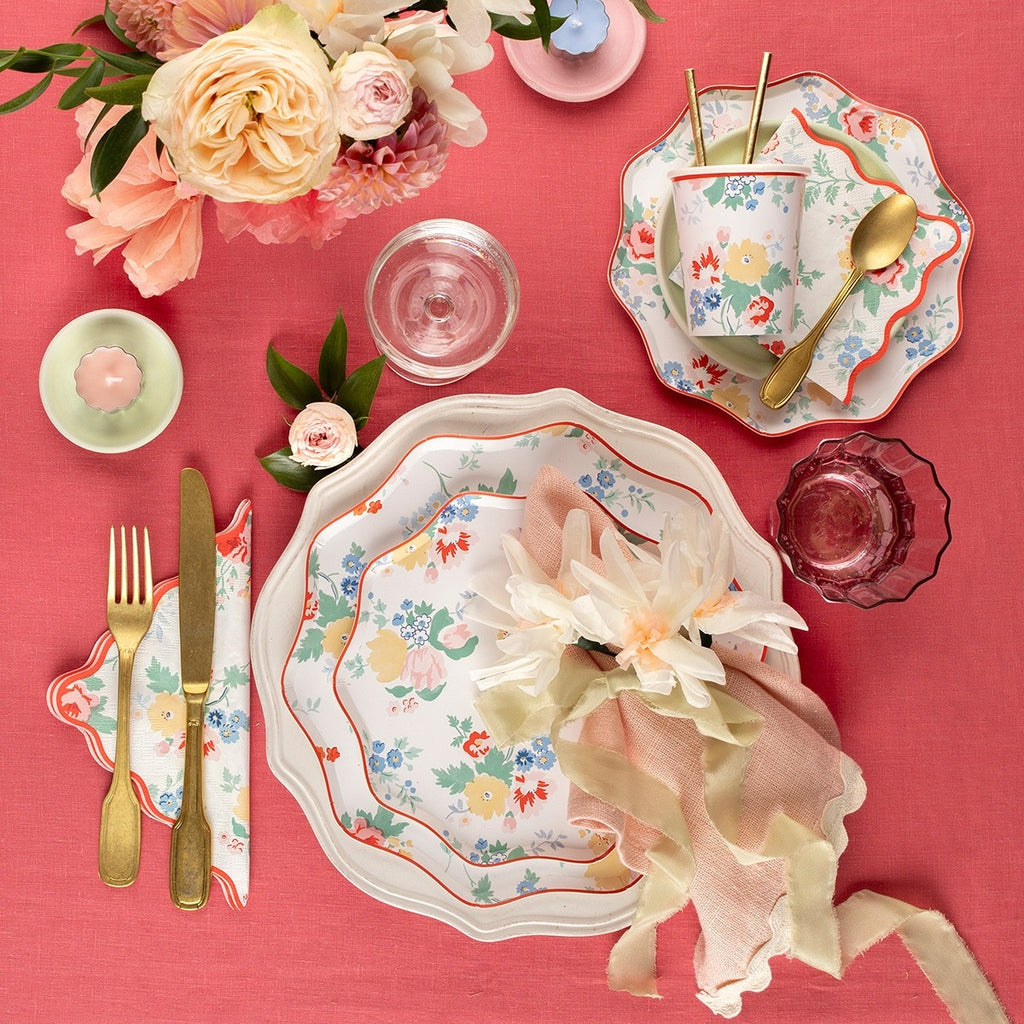 Floral multicolor plates elegant table setting spring garden theme from Parte Haus party supply store in Bethesda MD