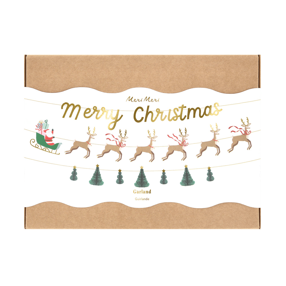 Brown and white Christmas garland box with Santa and reindeer holiday theme from Parte Haus party supply store in Bethesda MD