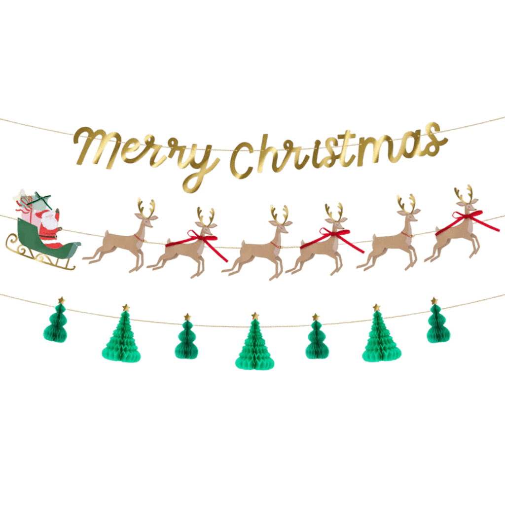 Gold green and red Christmas garland with Santa sleigh and reindeer for holiday from Parte Haus party supply store in Bethesda Maryland