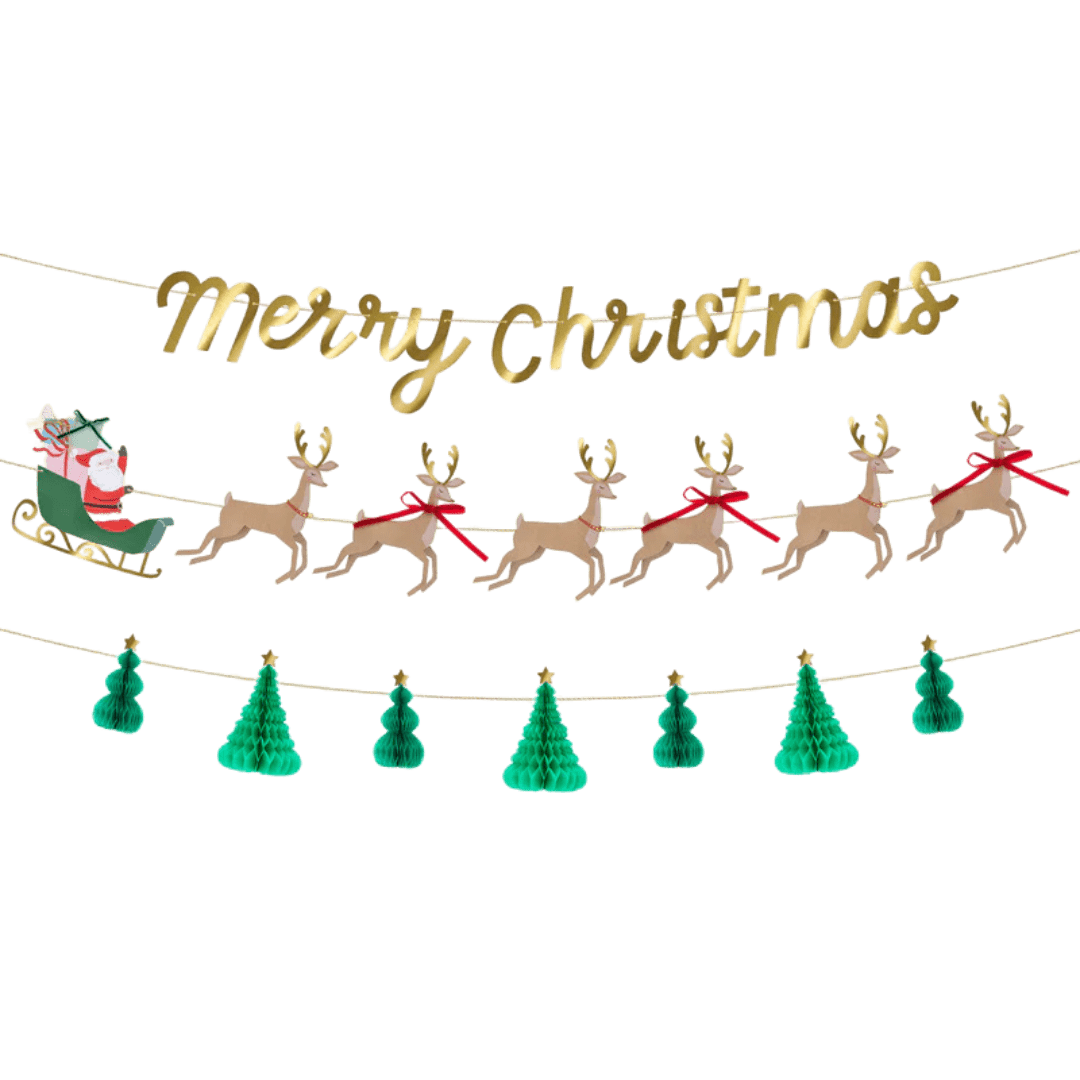 Gold green and red Christmas garland with Santa sleigh and reindeer for holiday from Parte Haus party supply store in Bethesda Maryland