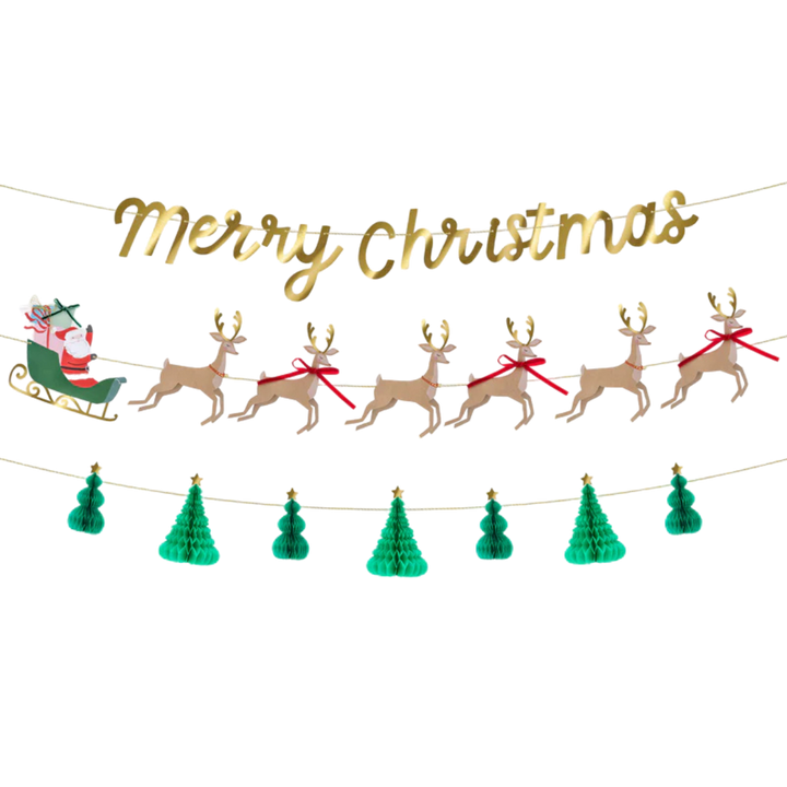 Gold, Brown and Green Santa, Sleigh & Reindeer " Merry Christmas" Garlands