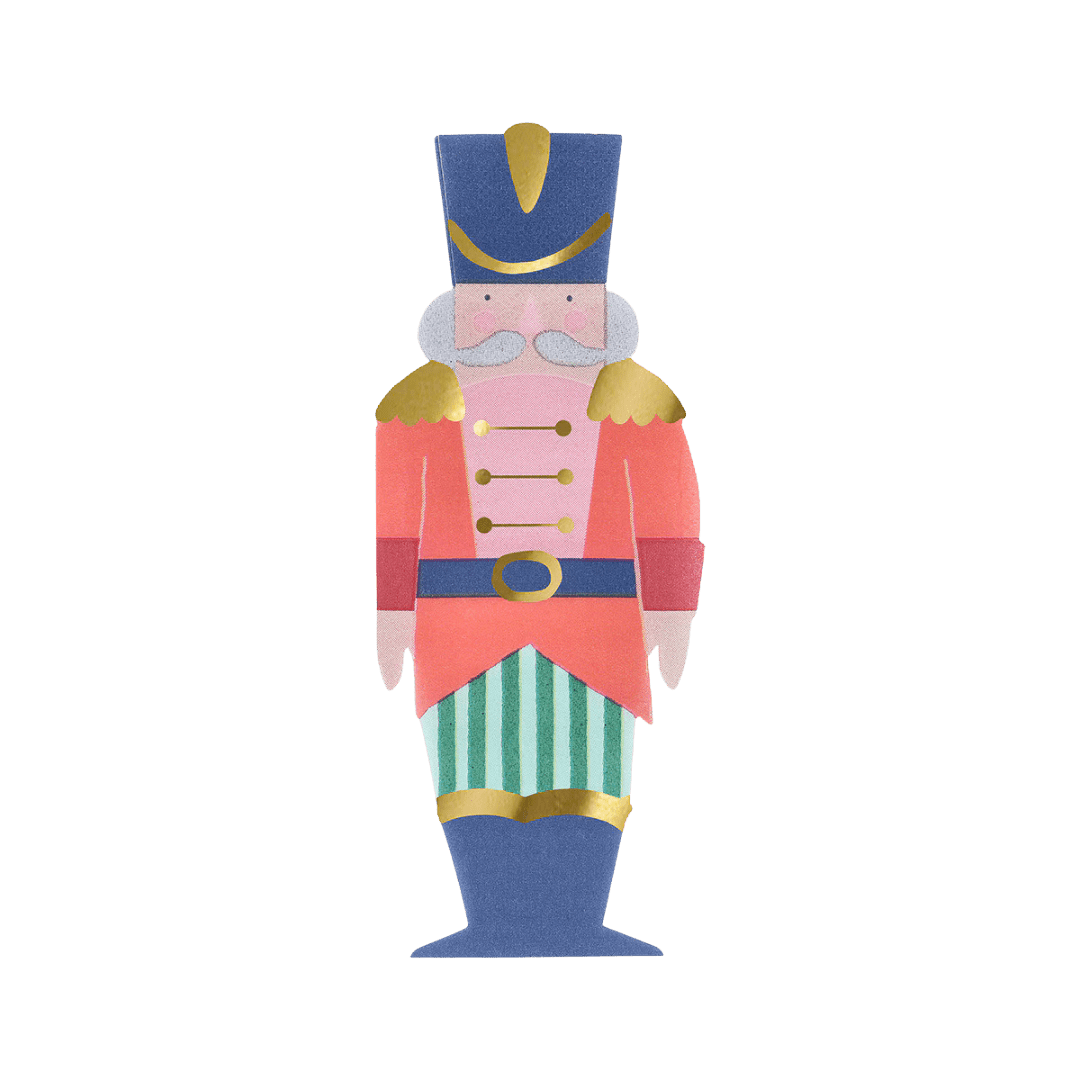 Colorful nutcracker decoration with gold and blue details Christmas theme from Parte Haus party supply store in Bethesda MD