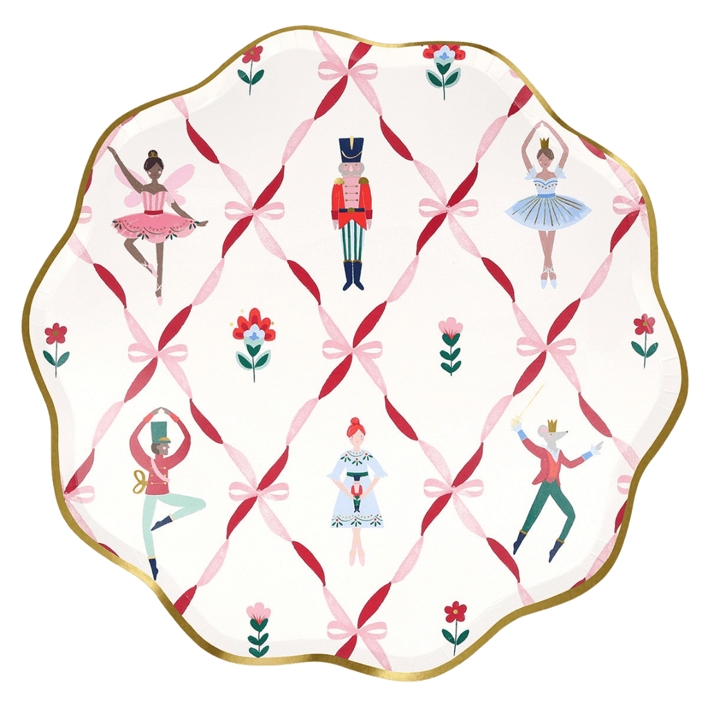 Pink Nutcracker ballet themed scalloped plate with dancers and gold trim from Parte Haus party supply store in Bethesda MD