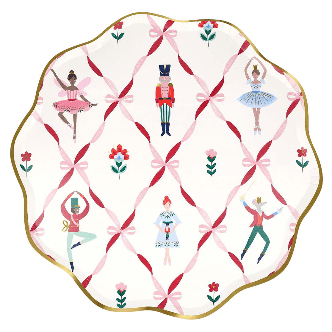 Pink Nutcracker ballet themed scalloped plate with dancers and gold trim from Parte Haus party supply store in Bethesda MD