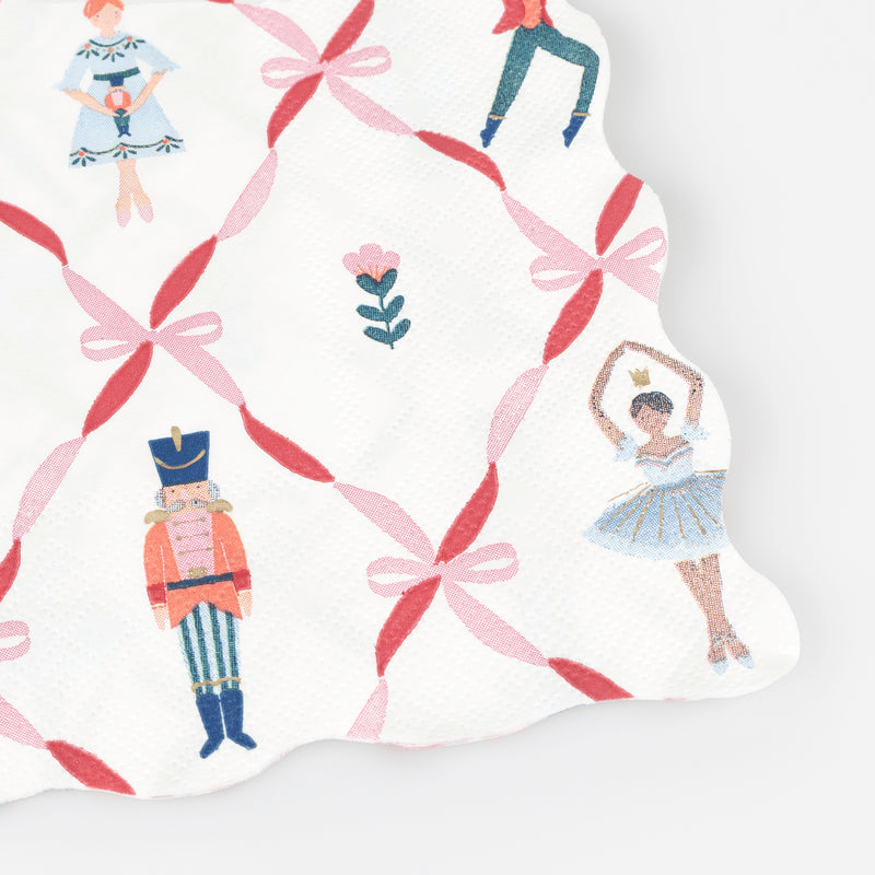 White Nutcracker napkin with pink bows and ballet dancers Christmas theme from Parte Haus party supply store in Bethesda MD.