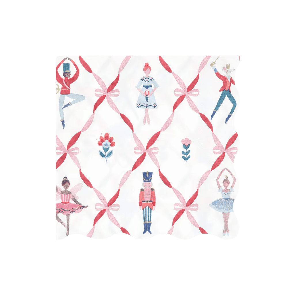 Pink Nutcracker napkin with ballet dancers and festive bows holiday theme from Parte Haus party supply store in Bethesda Maryland