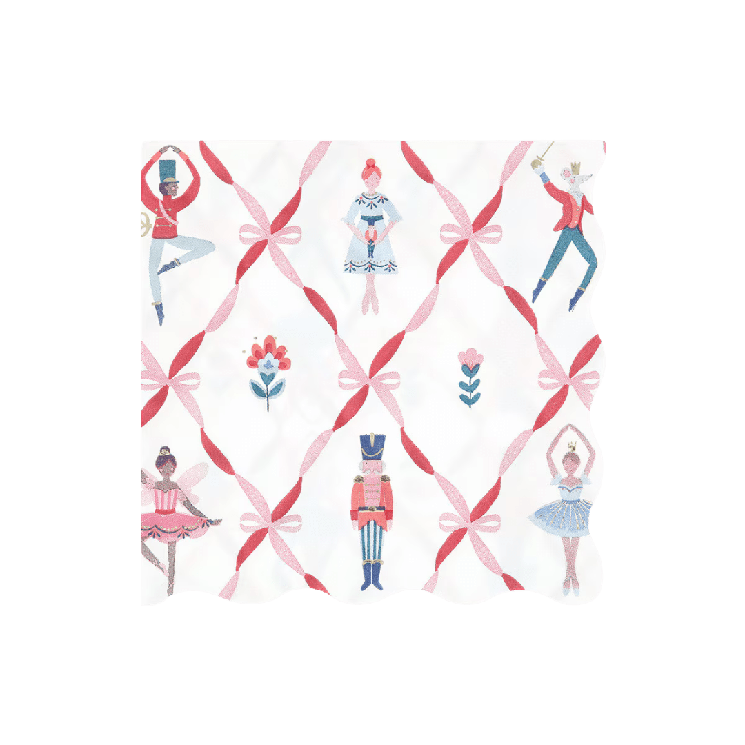 Pink Nutcracker napkin with ballet dancers and festive bows holiday theme from Parte Haus party supply store in Bethesda Maryland