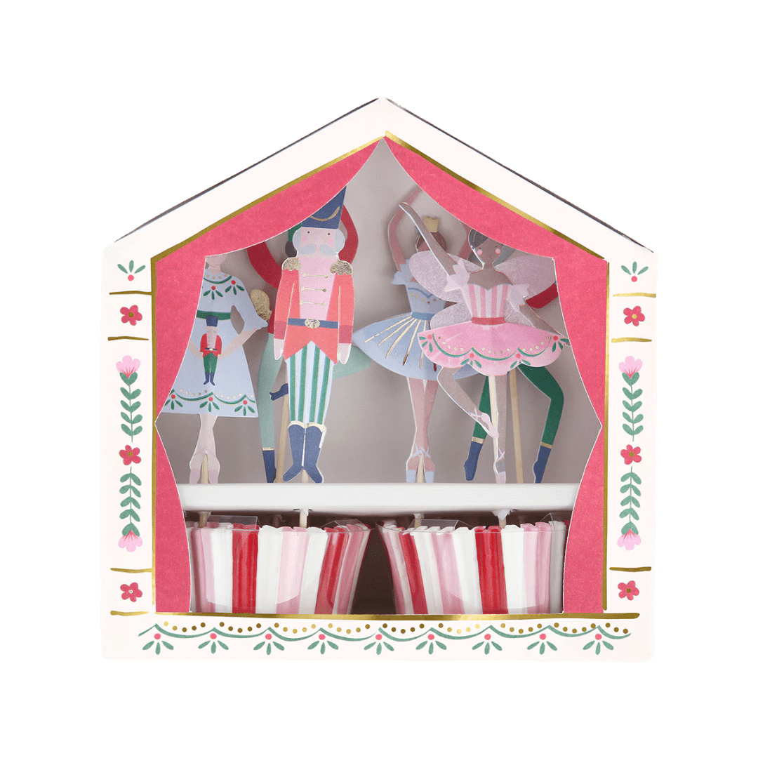 Pink and red Nutcracker cupcake kit with ballerina and soldier toppers Christmas theme from Parte Haus party supply store in Bethesda Maryland