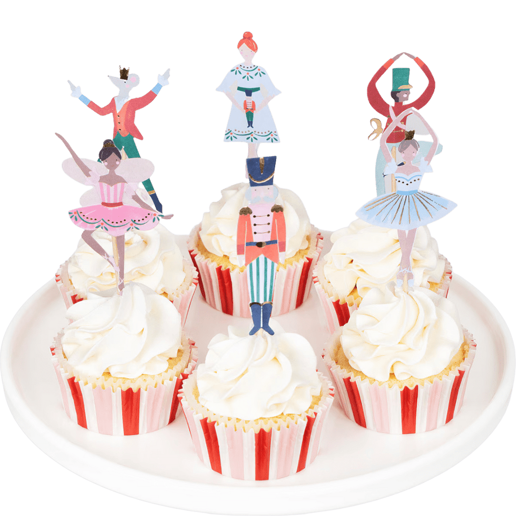 Multicolor Nutcracker cupcake toppers on cupcakes for Christmas ballet theme from Parte Haus party supply store in Bethesda MD