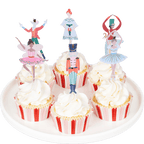 Multicolor Nutcracker cupcake toppers on cupcakes for Christmas ballet theme from Parte Haus party supply store in Bethesda MD