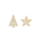 Natural wood Christmas tree and star shaped decor with floral patterns Christmas theme from Parte Haus party supply store in Bethesda MD
