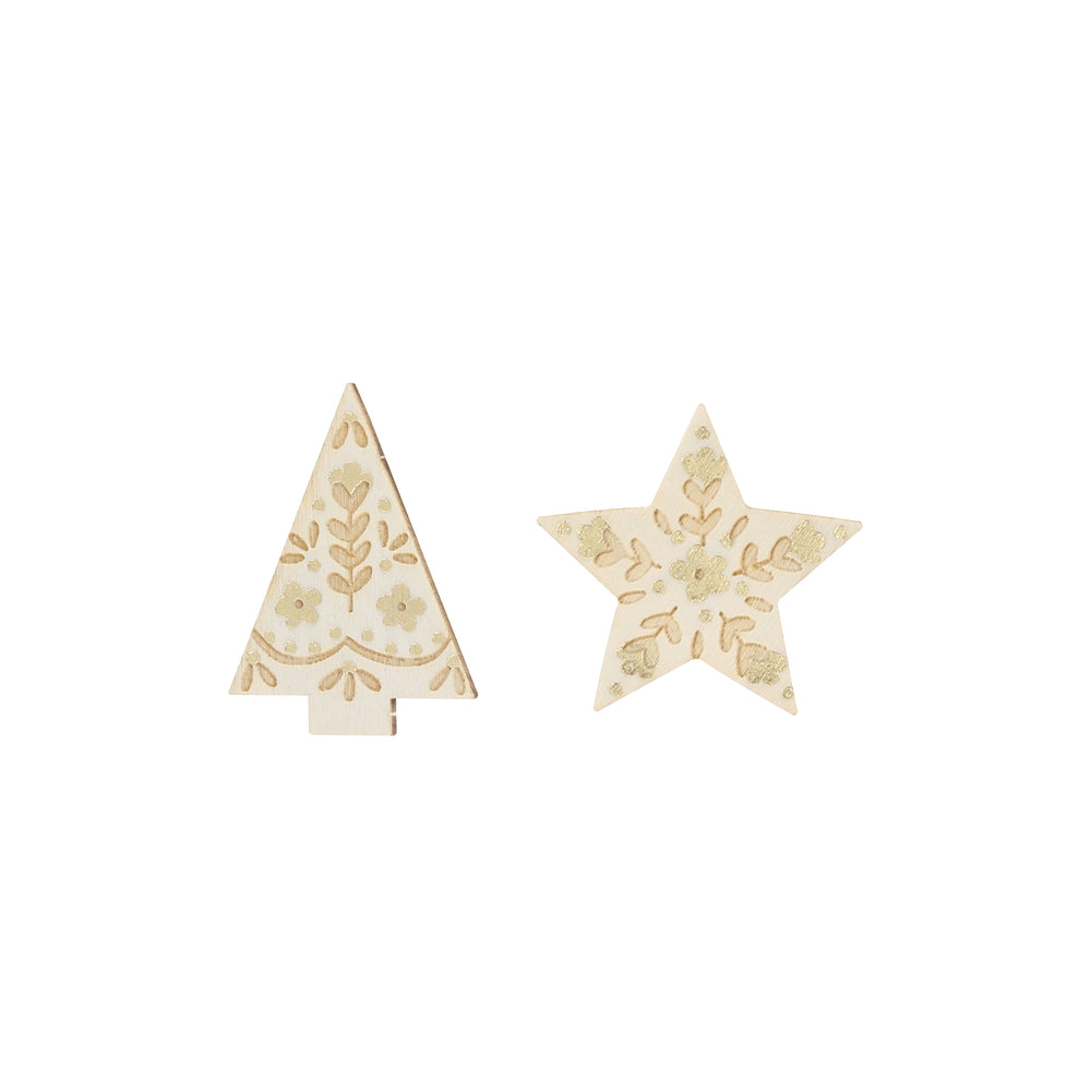 Natural wood Christmas tree and star shaped decor with floral patterns Christmas theme from Parte Haus party supply store in Bethesda MD