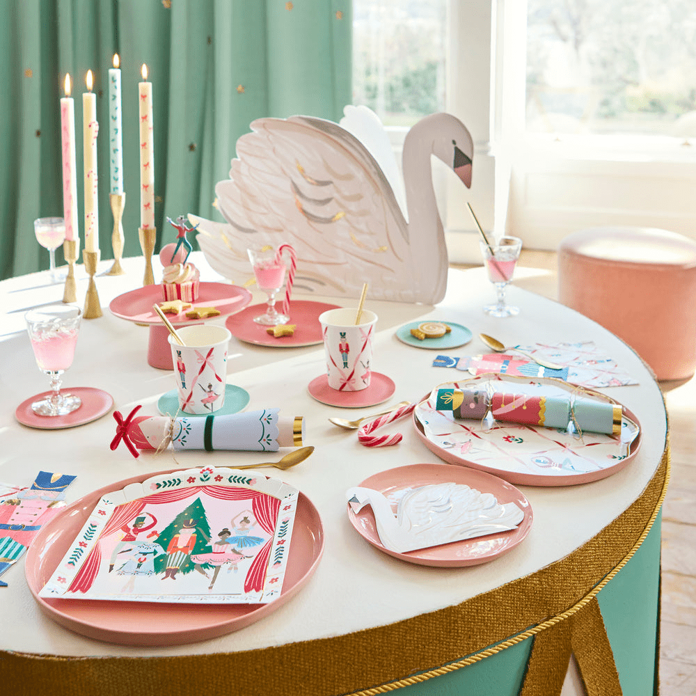 Pink Nutcracker tableware set with swan centerpiece ballet theme from Parte Haus party supply store in Bethesda MD