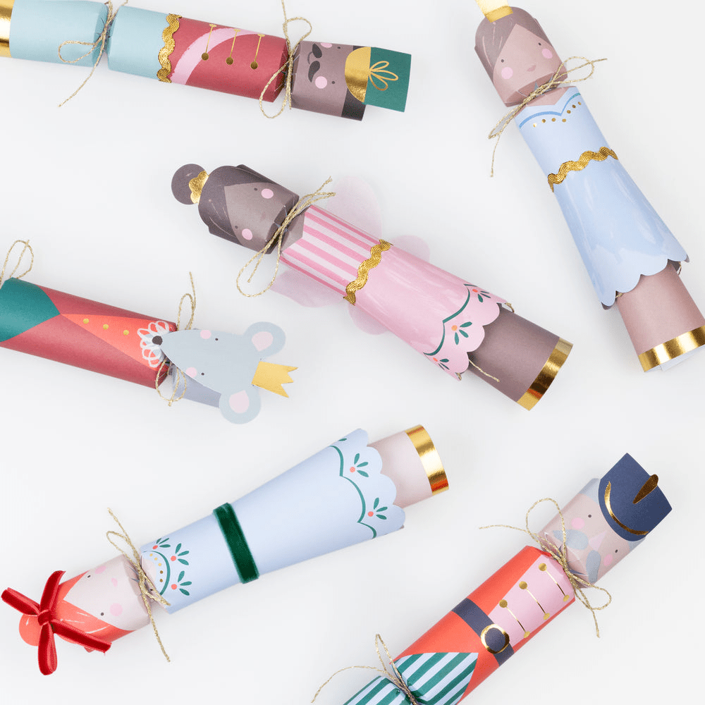Colorful Nutcracker Christmas crackers with character designs holiday theme from Parte Haus party supply store in Bethesda MD