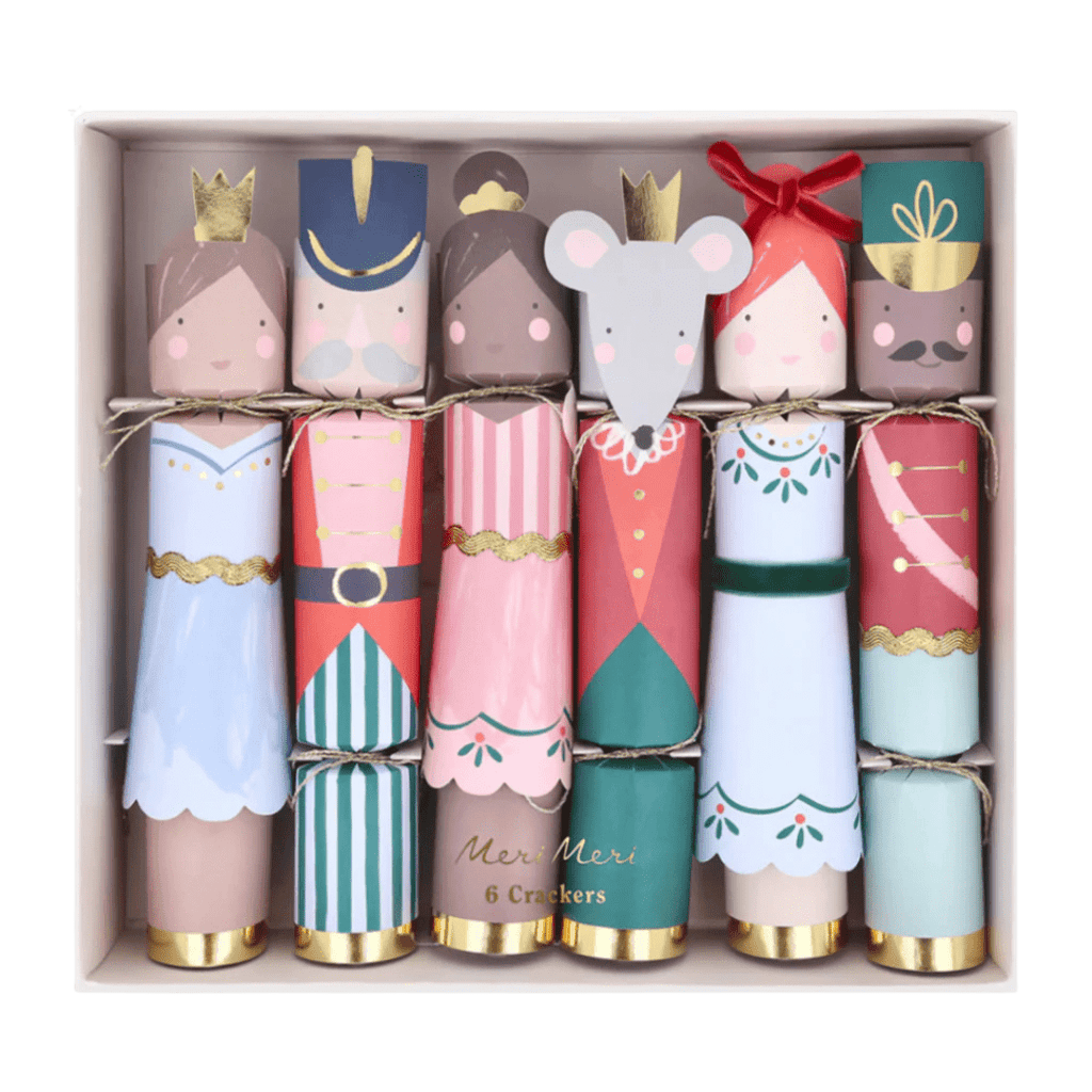 Colorful Nutcracker themed Christmas crackers with festive character designs from Parte Haus party supply store in Bethesda MD.