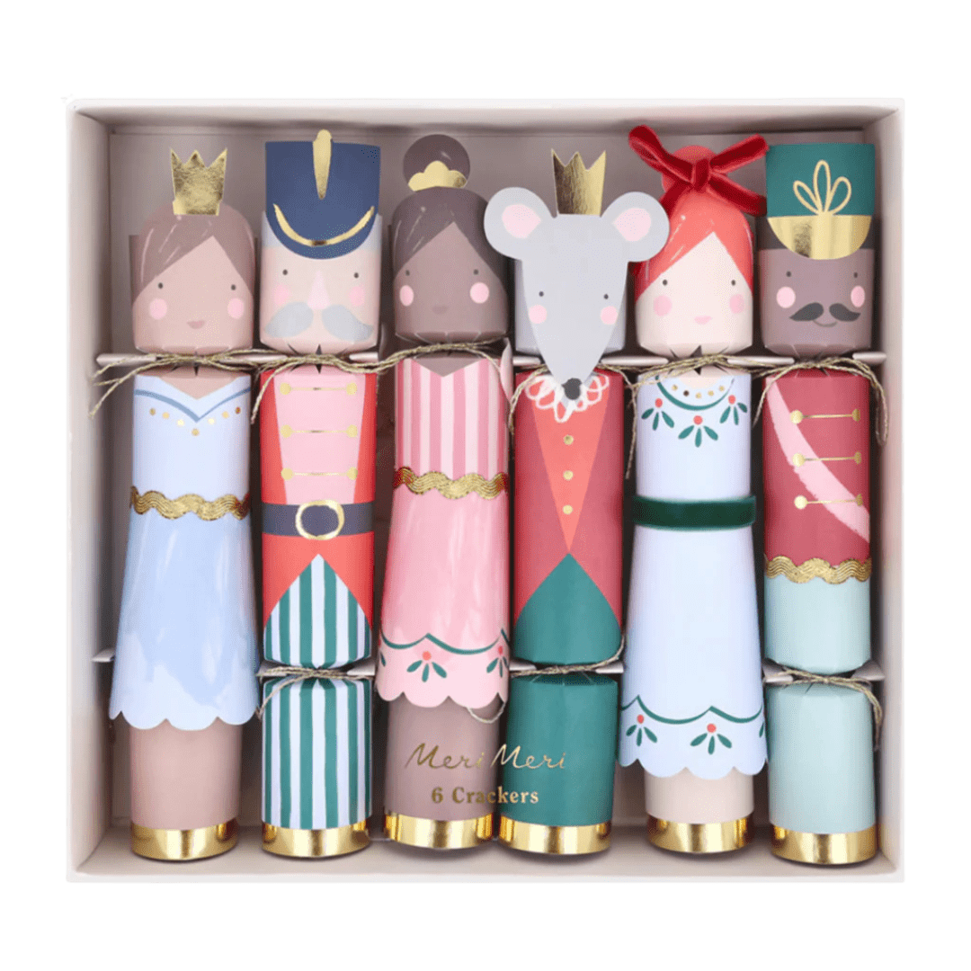Colorful Nutcracker themed Christmas crackers with festive character designs from Parte Haus party supply store in Bethesda MD.