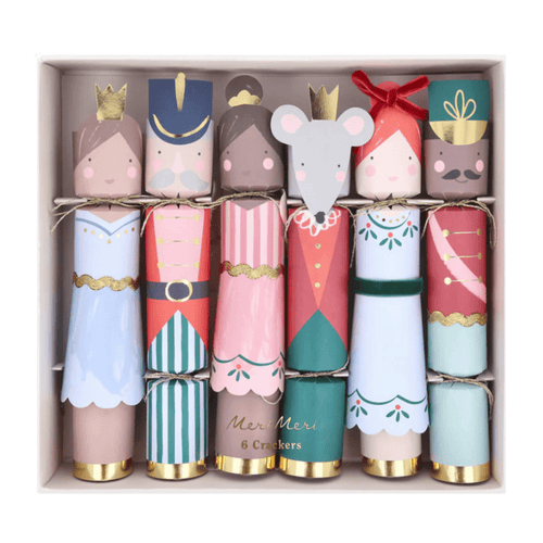 Colorful Nutcracker themed Christmas crackers with festive character designs from Parte Haus party supply store in Bethesda MD.
