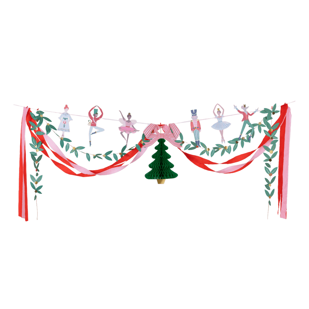 Red and green Nutcracker garland with ballerinas and Christmas tree decor from Parte Haus party supply store in Bethesda MD